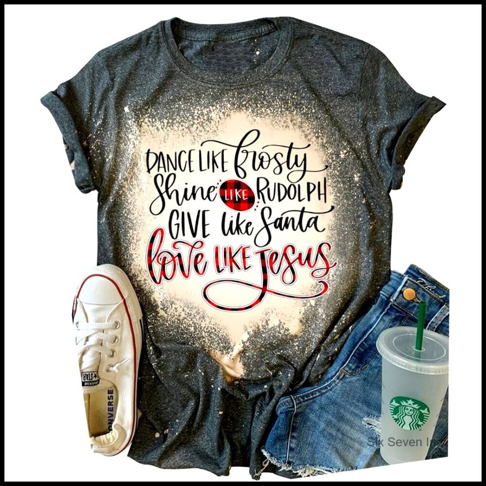 Vintage Bleached Graphic Tee Christmas Faith Novelty Short Sleeve Top